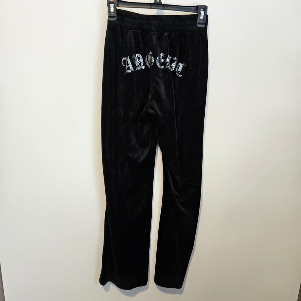 Black Velour Angelic Rhinestone Graphic Wide Leg Pants XS Y2K Comfy Sweatpants